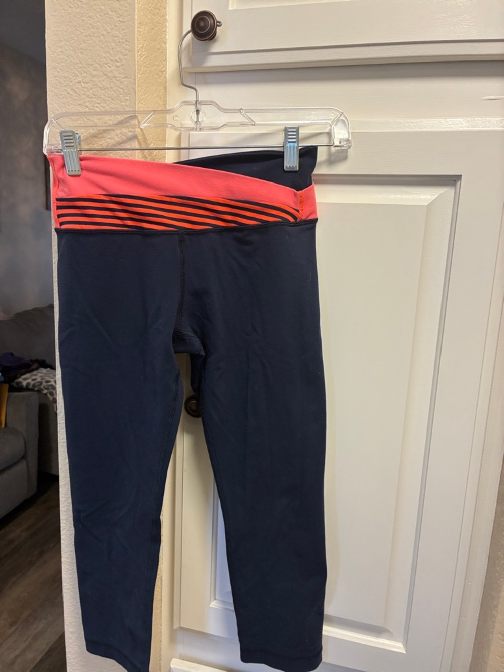Lululemon Astro cropped Navy Leggings with Coral striped Foldover Waistband - Picture 6 of 10
